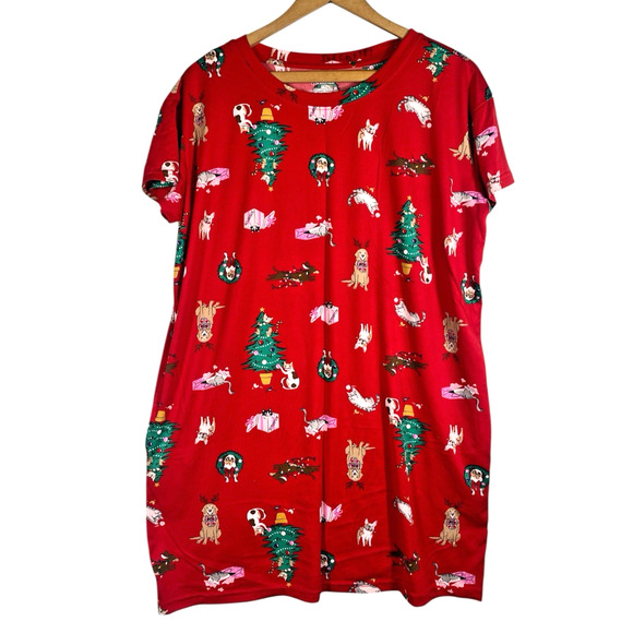 Joyspun Nightgown Small Medium Christmas Dog Cat Print Knit Soft Womens Holiday - Picture 1 of 10
